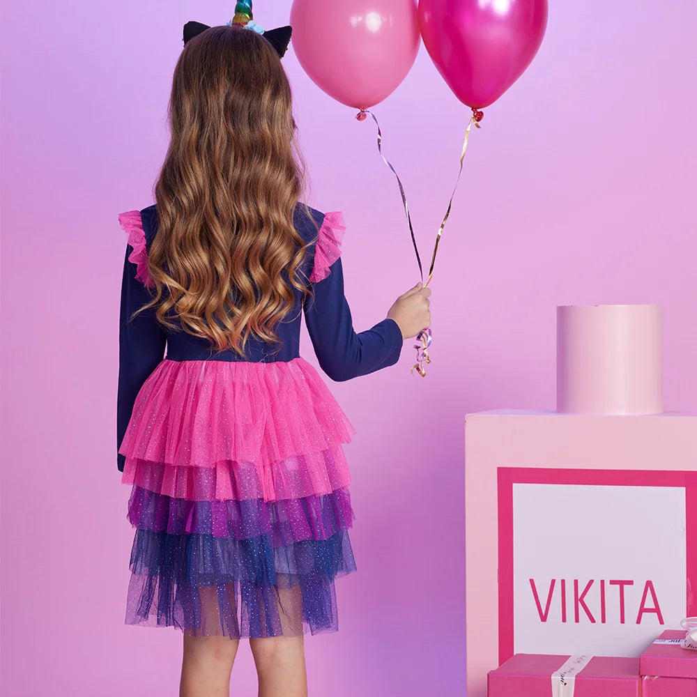 VIKITA Girls Gradient Autumn Dress Kids Licorne Sequined Appliqued Performance Mesh Tulle Prom Gown Girls Princess Cake Dresses