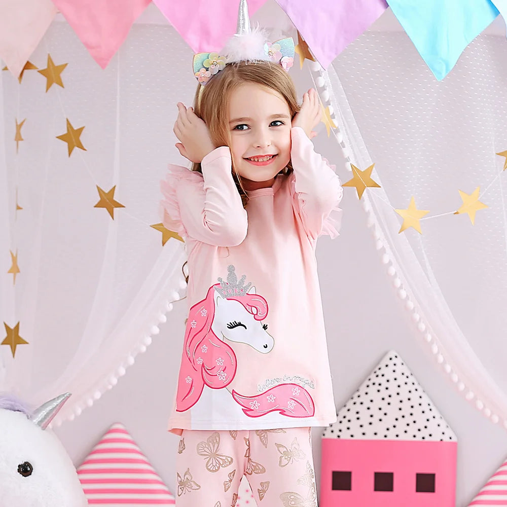 VIKITA Girls Pink T Shirt Kids Unicorn Cartoon Print Tops and Tees Girls Autumn Spring Winter Flare Sleeve Cotton Casual T Shirt