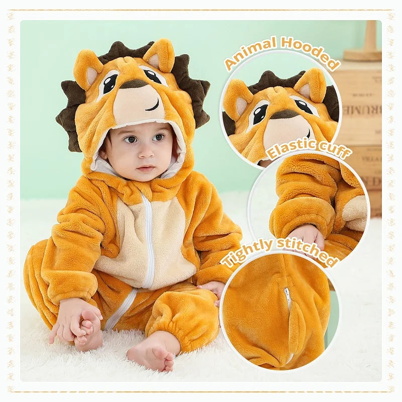 MICHLEY Halloween Costume Infant Baby Clothes Rompers Winter Flannel Hooded Bodysuits Pajamas Animals Overall Jumpsuit For Bebe