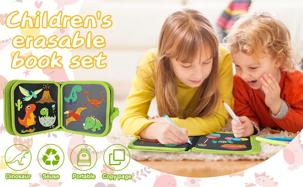 Green Dinosaur Erasable Book Doodle Set Magic Drawing Book Reusable Drawing Book 12 Watercolor Pens 14 Page Drawing for Kids