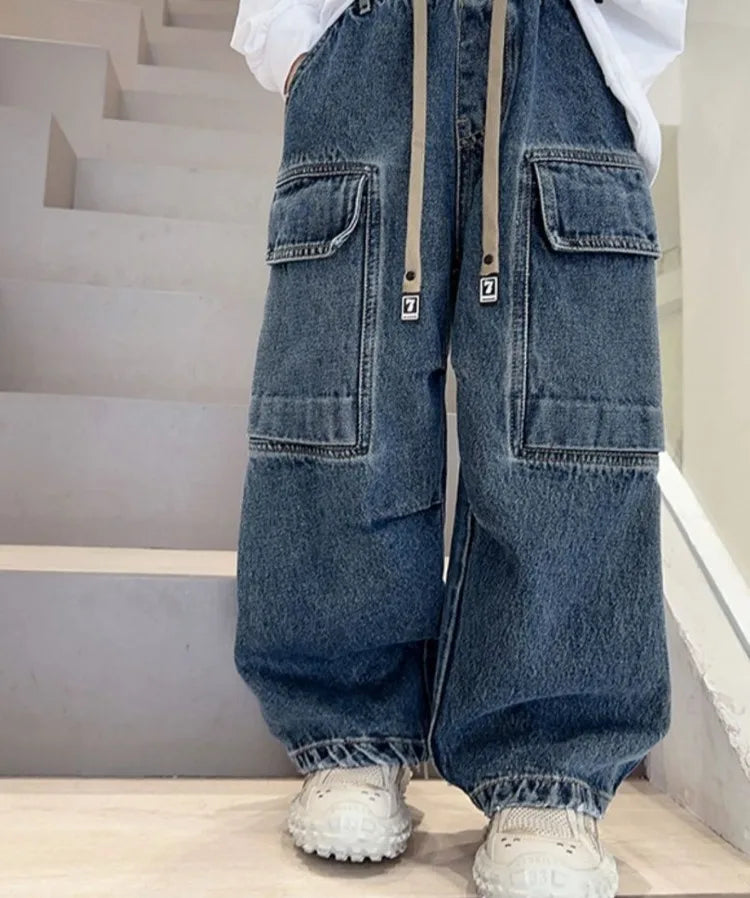2025 New Boys Cargo Jeans Straight Wide Leg Spring Autumn Toddler Boys Big Boys Spring Fashion Jeans