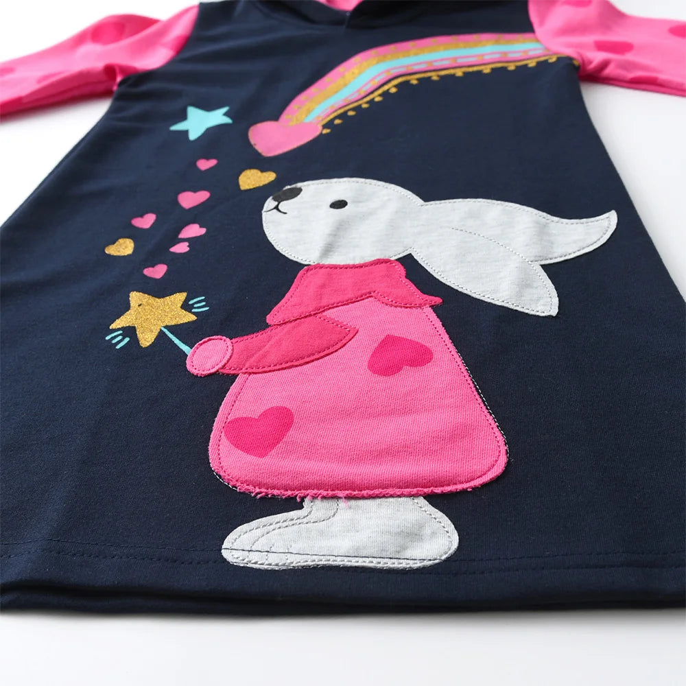 VIKITA Kids Autumn Winter Thick Hoodies Dress for Girl Rabbit Rainbow Appliqued Straight Dresses Kids Heart Design Cotton Dress