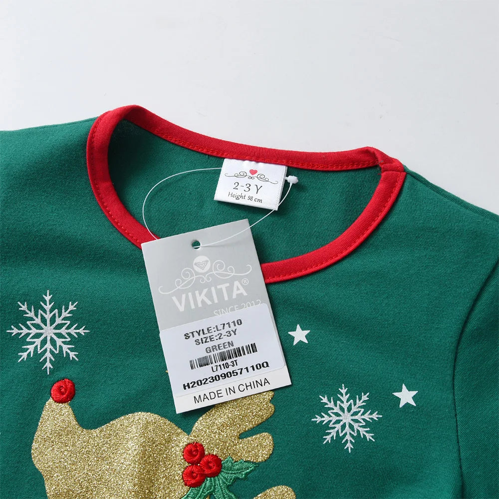 Girls Christmas Green Tops with Ruffle Sleeves Kids Reindeer Snowflake Print Soft Cotton Holiday Party Xmas Festival Tees Gift