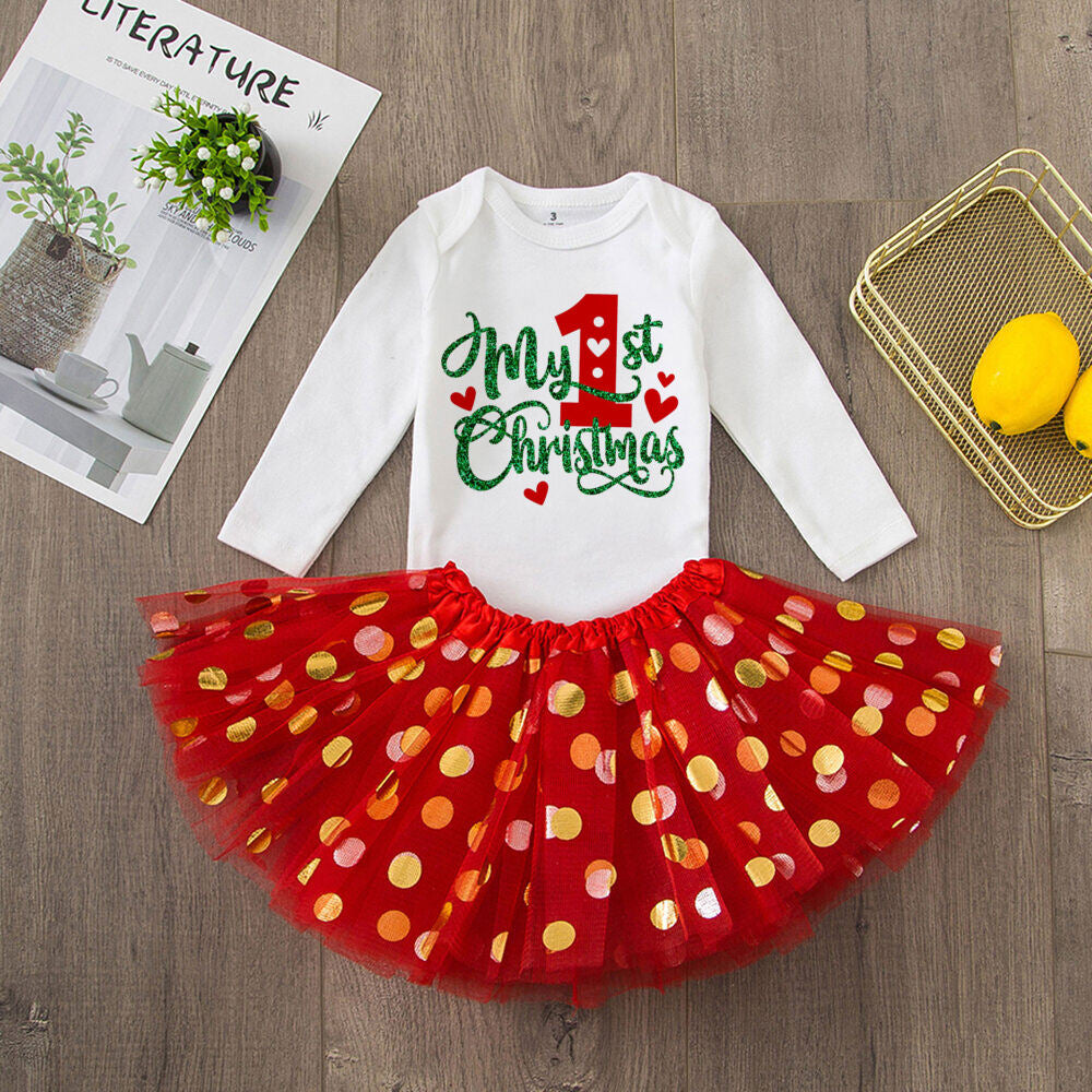My 1St Christmas Baby Bodysuit Cake Dresses Set Infant Girls Long Sleeve Playsuit Tutu Skirts Clothes Toddler Xmas Party Outfits