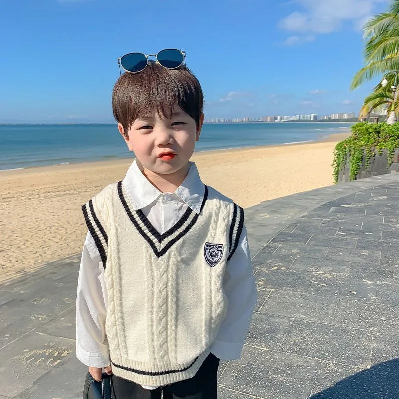Boys' Knit Vest 2025 Spring Autumn New Preppy Style Kids' Outerwear Trendy Baby Boy Vest for School Casual Wear