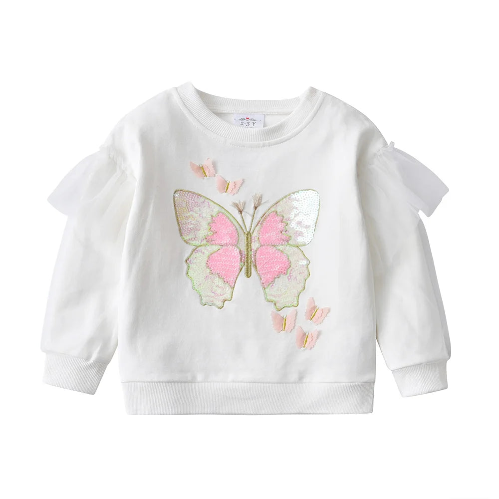 VIKITA Girls Cotton Casual Sports Sweatshirt Kids Butterfly Sequined Appliqued Flare Sleeve Cartoon Outerwear Children Clothing