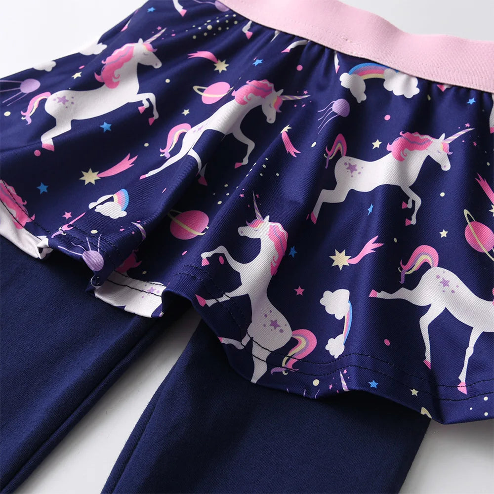 VIKITA Girls Leggings with Skirts for Children Unicorn Cosmos Printed Elastic Pencil Pants Trousers Kids Dance Pants Culottes