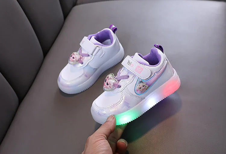 Disney Kids Girls Shoes Children Sneakers Girls Elsa Frozen Princess Casual Sport Student Shoes LED Lights Shoes Size 21-30