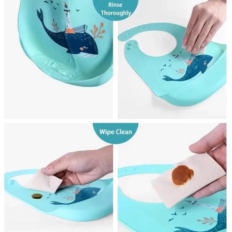 PANGDUBE Waterproof Silicone Baby Bibs Adjustable Cute Printed Design Soft Leak-Proof Feeding Bib BPA Free for Boys Girls