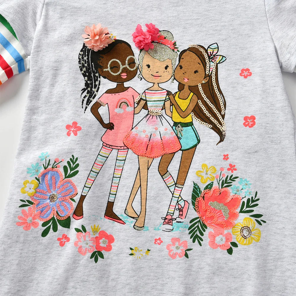 VIKITA Kinder Baumwoll-Freizeitkostüme Kleinkinder Herbst Frühling Minikleid Kinder Blumen Puppenmuster Regenbogen Prinzessin Alltagskleidung