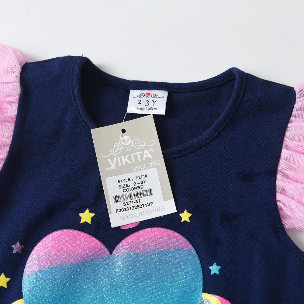 VIKITA Girls Summer Clothing Sets Kids Flare Sleeve Heart Cotton Tops Tees and Rainbow Mesh Tulle Skirts 2 Pcs Children Clothes