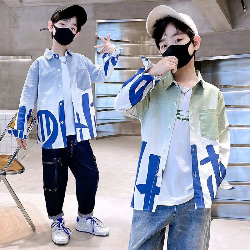2025 Trendy Tween Boys Gradient Shirt Spring Autumn Summer Kids Clothing Hot Sale Unique Fashion Design