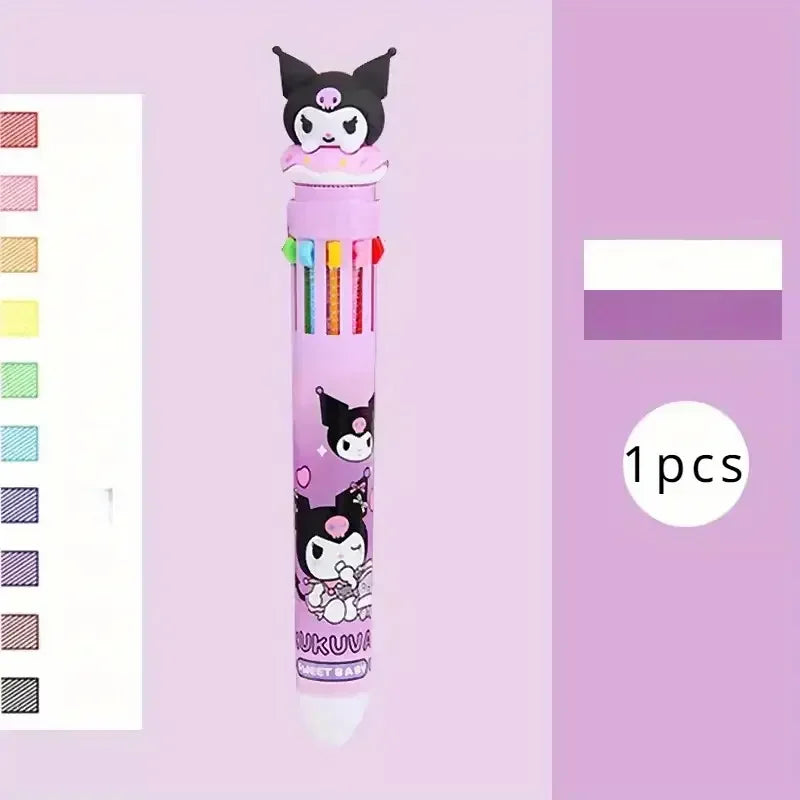 Sanrio 10-Color Ballpoint Pen Set - Kuromi Hello Kitty Cinnamoroll Kawaii 0.7mm Gel Pens for School Office Stationery Drawing Wr