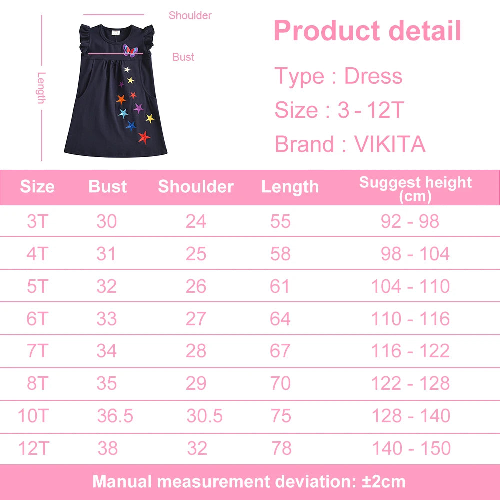 VIKITA Toddlers Flare Sleeve Summer Dress Kids 3D Butterfly Embroidery Cotton Casual Dress with Pockets Kids Daily Casual Wear