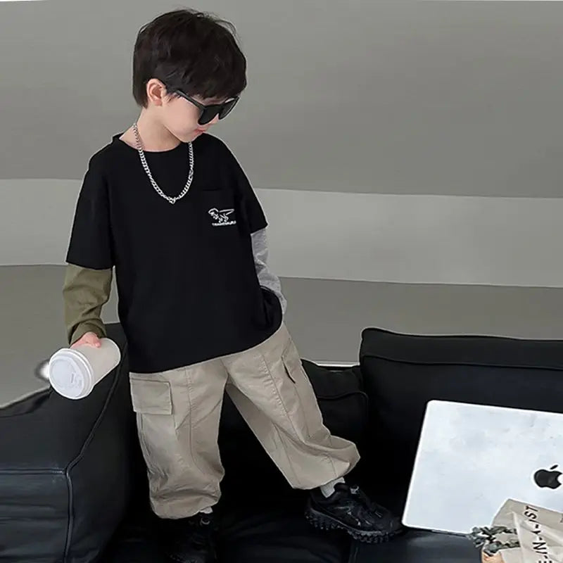 False Two-piece Casual Round Neck Boys' Top 3 Year Old Boy Clothes Children's T-shirt Kids Long Sleeve Tee Clothing 7 14 Years 8