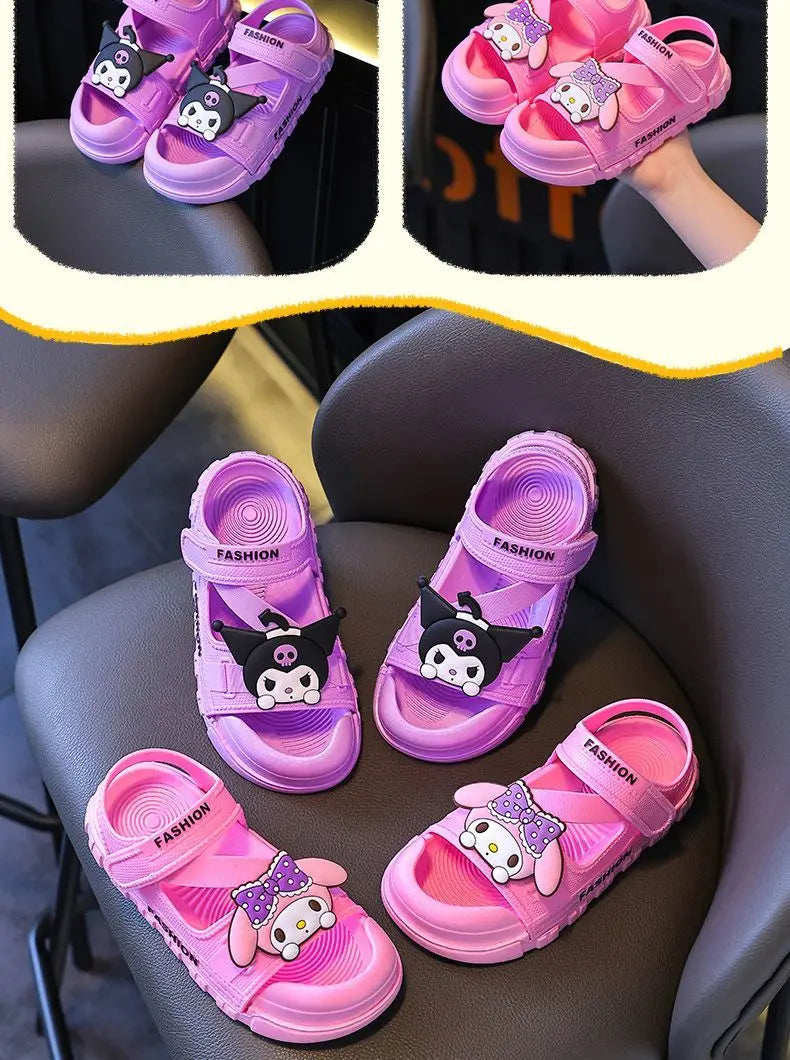 Sandals Girls Anime Kuromi Open Peep Toe Shoes Girly Summer Cute Cartoon Babys Purple Pink Slipper Kid Size 21-36