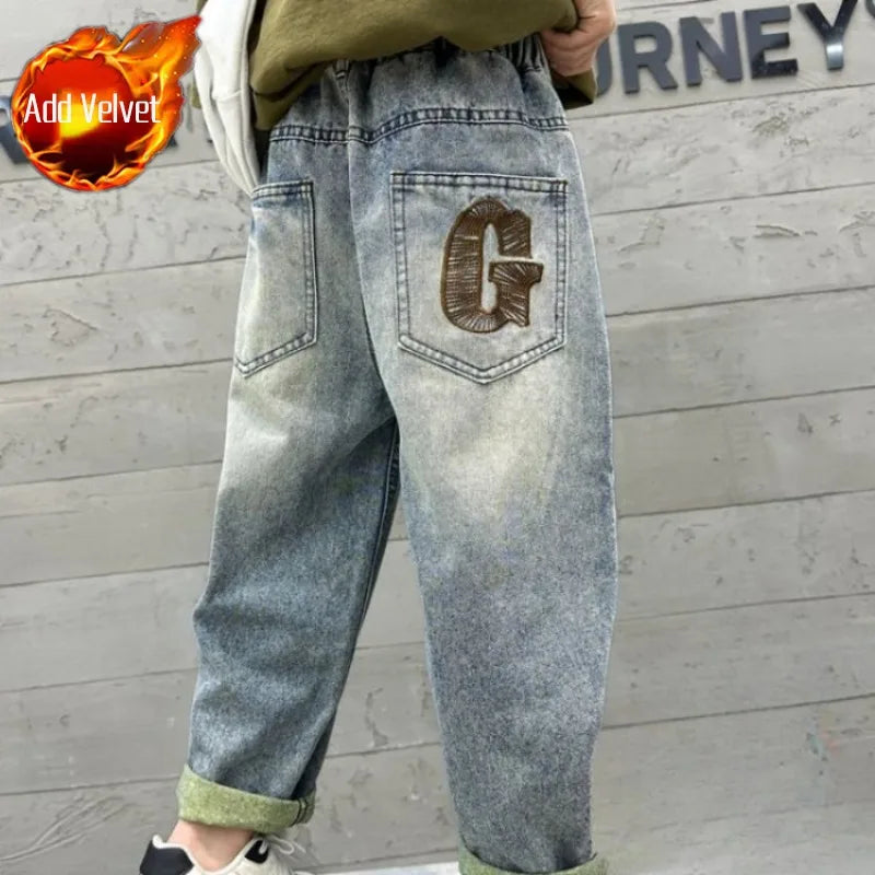 Kids Boys Thickened Winter Jeans Loose Fleece-Lined Long Pants Casual Stylish Warmth