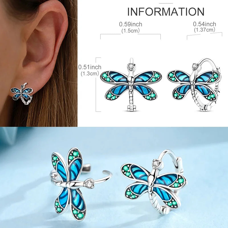 Original 100% 925 Sterling Silver Dragonfly Hoop Earrings For Women Exquisite Jewelry Gift