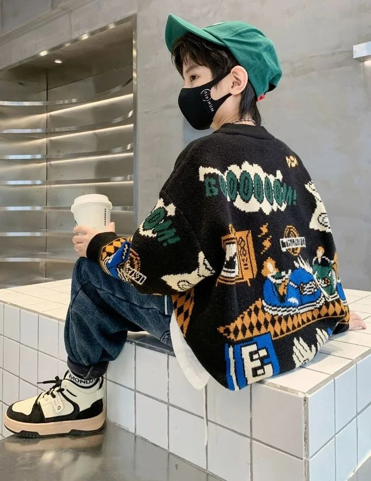 2025 New Boys' Autumn/Winter Fleece-Lined Thickened Pullover Knit Sweater - Warm Base Layer for Kids, Trendy & Cozy Design