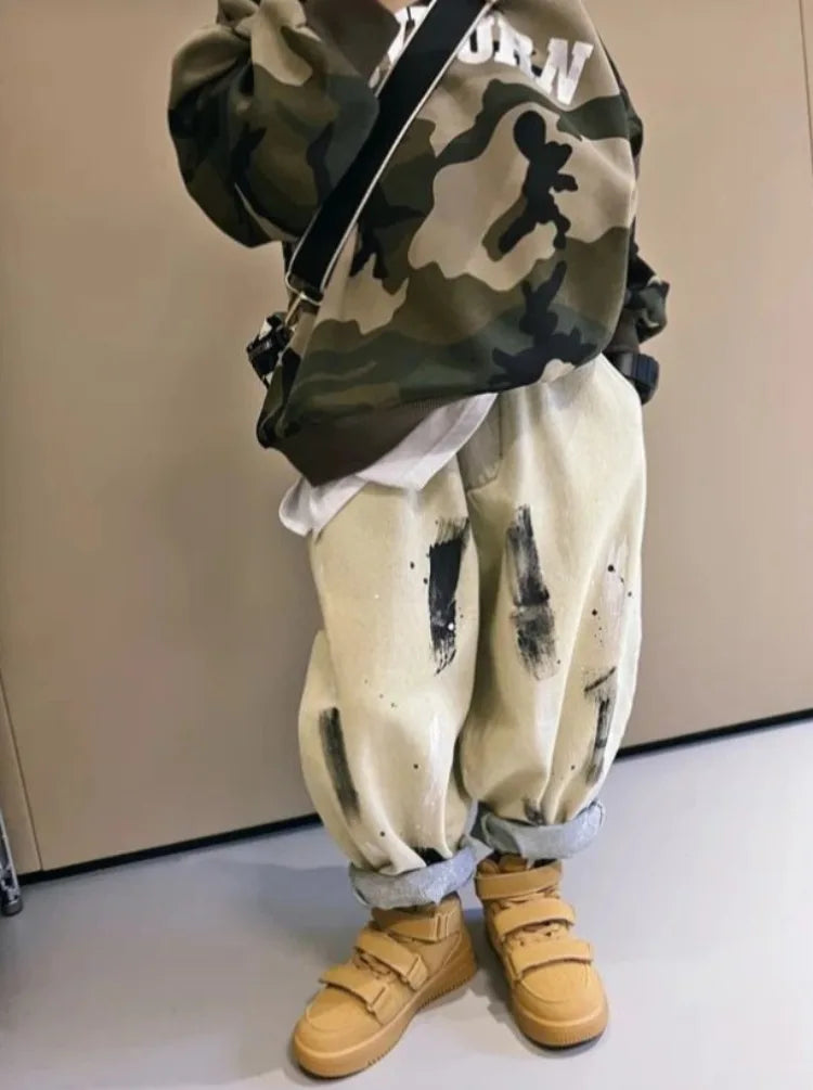 2025 Spring/Autumn Boys' Hip-Hop Long Pants, Kids' Size 12-14 Versatile Graffiti Casual Streetwear Trousers