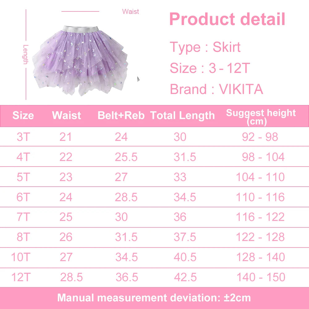 VIKITA Girls Butterfly Sequins Appliqued Skirts Kids Purple Irregular Performance Prom Gown Party Princess Cute Cake Mini Skirts