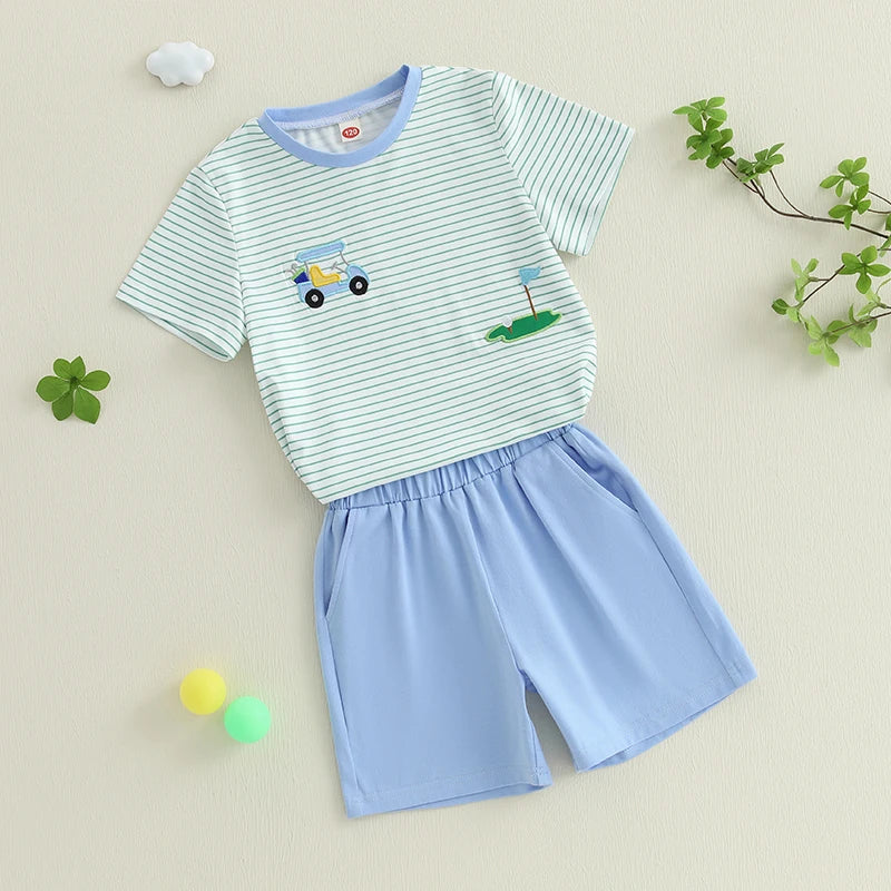 Boys Summer Golf Theme Embroidered T-Shirt and Elastic Waist Shorts Set with Round Neck and Short Sleeves 2-Piece Outfit