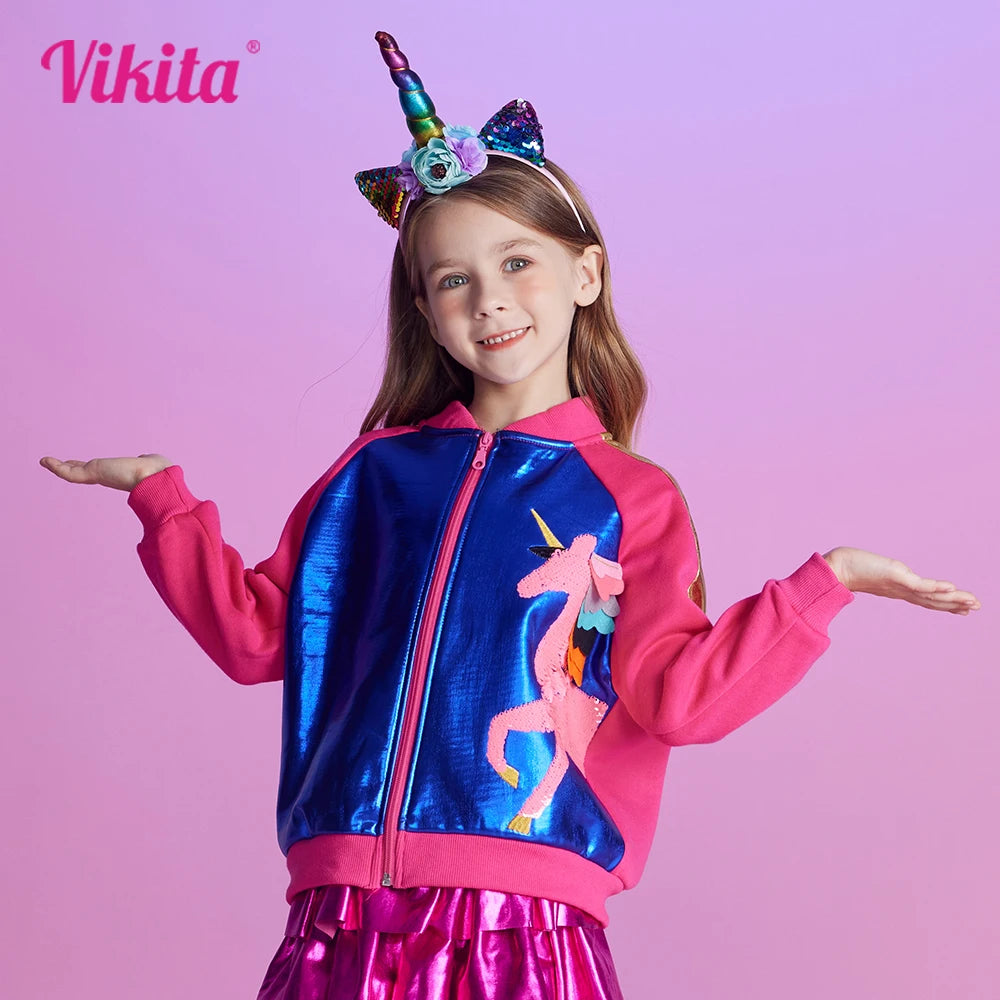 VIKITA Kids Autumn Spring Jacket Coat Girls Unicorn Cartoon Sequined Appliqued Jacket Teenage Girls Casual Sports Outerwear Coat