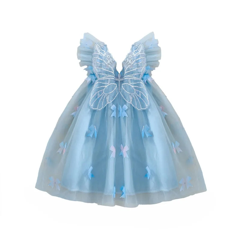 Elegant Baby Girl Lace Dress Sleeveless Square Neck Bow Tulle Princess Dress Toddler Party Dress with Angel Wings