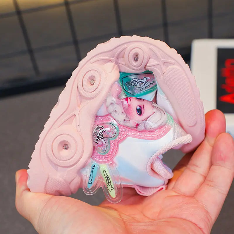 Disney LED Casual Sneakers Pink Purple For Summer Girls Frozen Elsa Princess Print Outdoor Shoes Children Lighted Non-slip Shoes