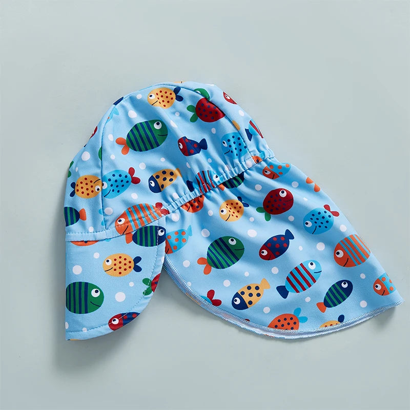 Toddler Boy UV Protection Swimsuit Set with Fish Print Long Sleeve Rash Guard Half Zipper and Sunhat for Sun Safety