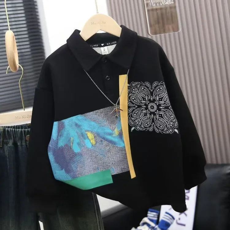 Boys' Medium-Large 2025 New Spring/Autumn No Hood Street-Style Casual Polo Collar Layering Top Trendy Kids Sweatshirt