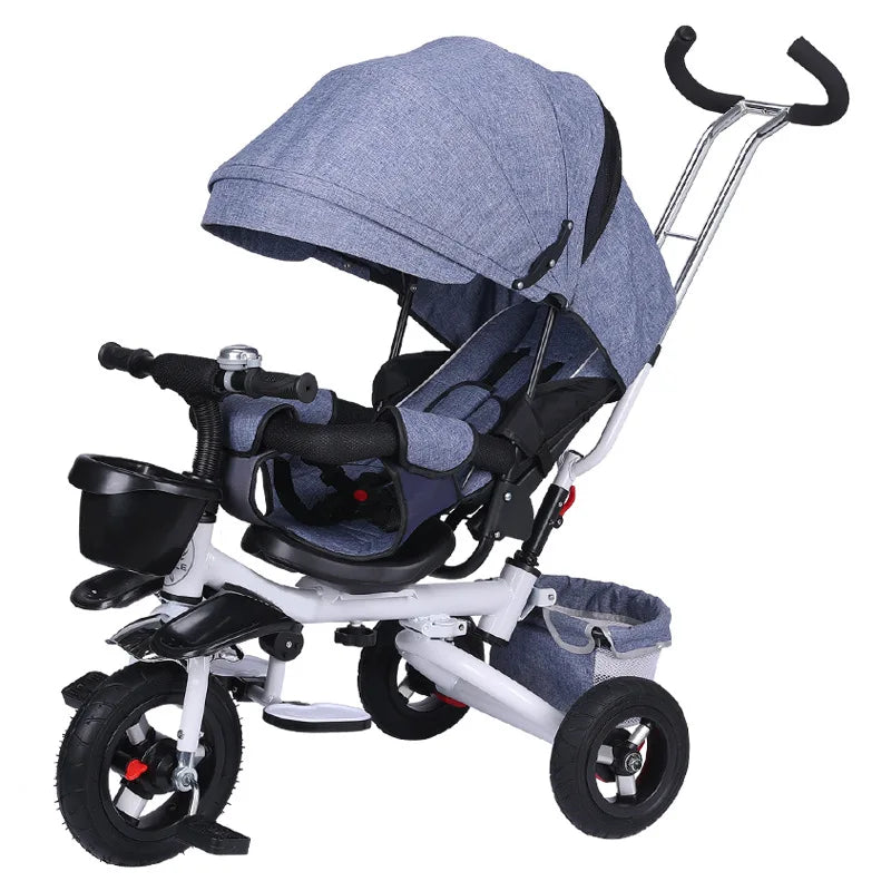 4 in 1 Folding Kids Trike Sit & Lying Toddler Stroller with Large Canopy Tricycle Dual Brake 3-Gear Adjustable Backrest Portable
