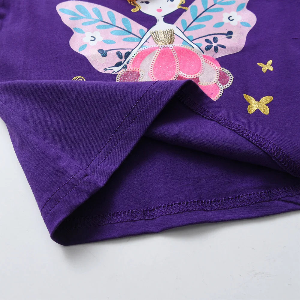 VIKITA Kids Butterfly Doll Cartoon Print T Shirt Girl Autumn Spring Long Sleeve Striped Cotton Casual Tops and Tees Kids Clothes