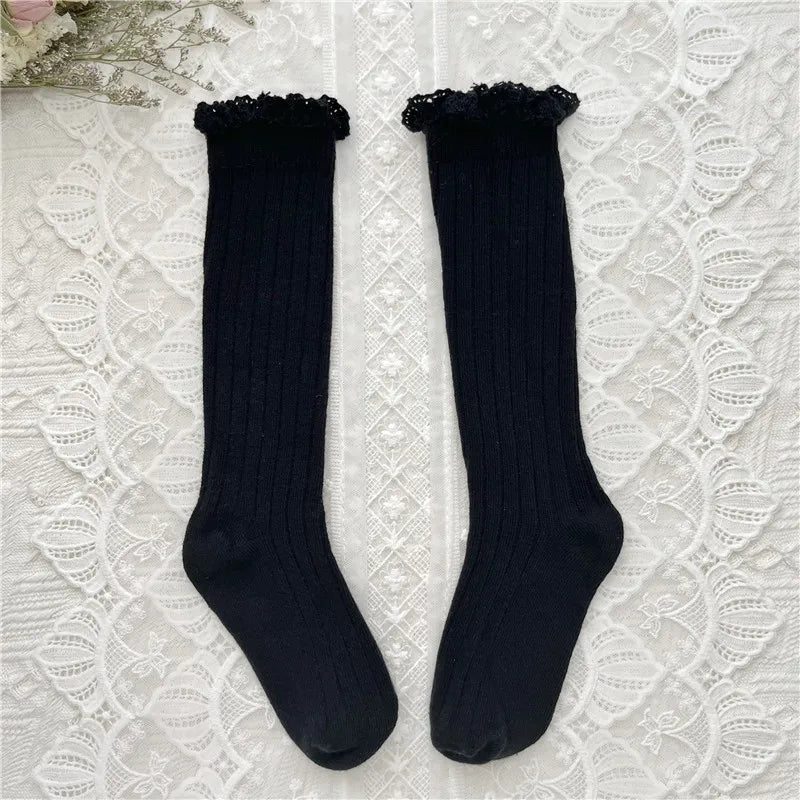 Ruffle Kids Knee High Socks Baby Girls Toddlers Long Soft Cotton Sock Lace Flower Children School Uniform Socks For 0-8Years