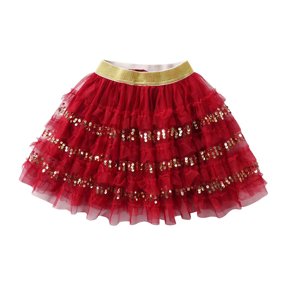 VIKITA Kids New Year Christmas Festival Red Sequined Skirts Girls Layered Mesh Tulle Tutu Cake Princess Mini Skirts Kids Clothes