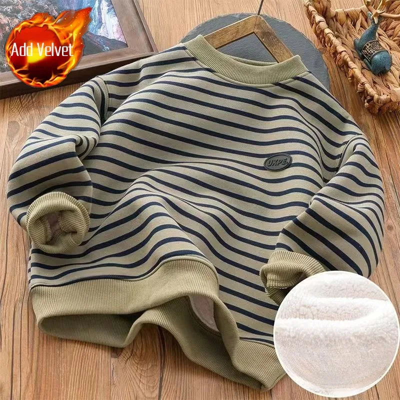 Boys' Striped Fleece-Lined Thickened Long Sleeve Sweatshirt 2025 Winter New Arrival Warm Base Layer Mid-Big Size Top
