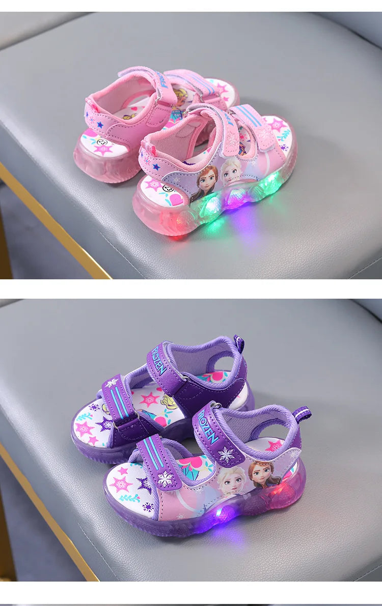 Disney Boys Girls Frozen Elsa Princess Led Light Up Luminous Sports Sandals Summer Kids Sandals Non-slip Toddler Shoes Size 21-3