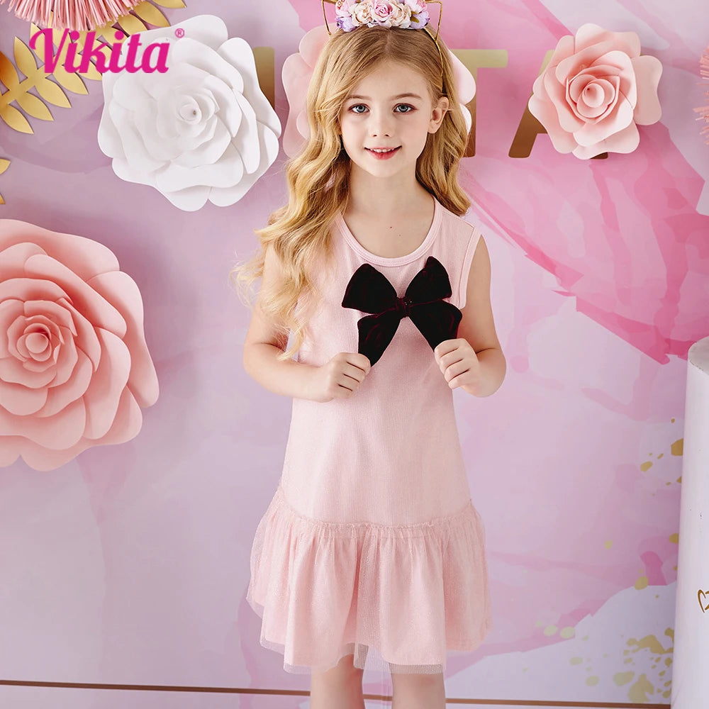 VIKITA Girl Pink Dress Kids Sleeveless Summer Vestidos Toddlers BowKnot Ruffles Cotton Casual Dresses Children Clothing 3-7 Yrs