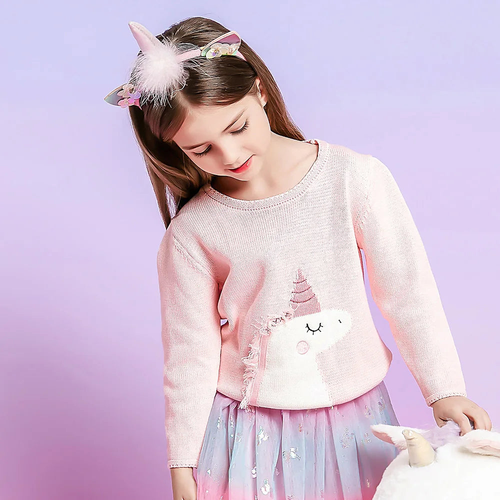 VIKITA Teengers Girls Sweater with Unicorn Kids Round Neck Autumn Spring Cozy Casual Pink Outfits Sweaters Children Clothing