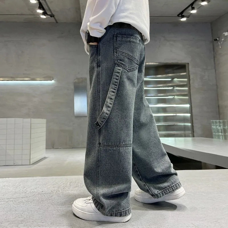 2025 Spring Boys' Wide-Leg Jeans Loose-Fit Trendy Streetwear for Kids Ages 8-14