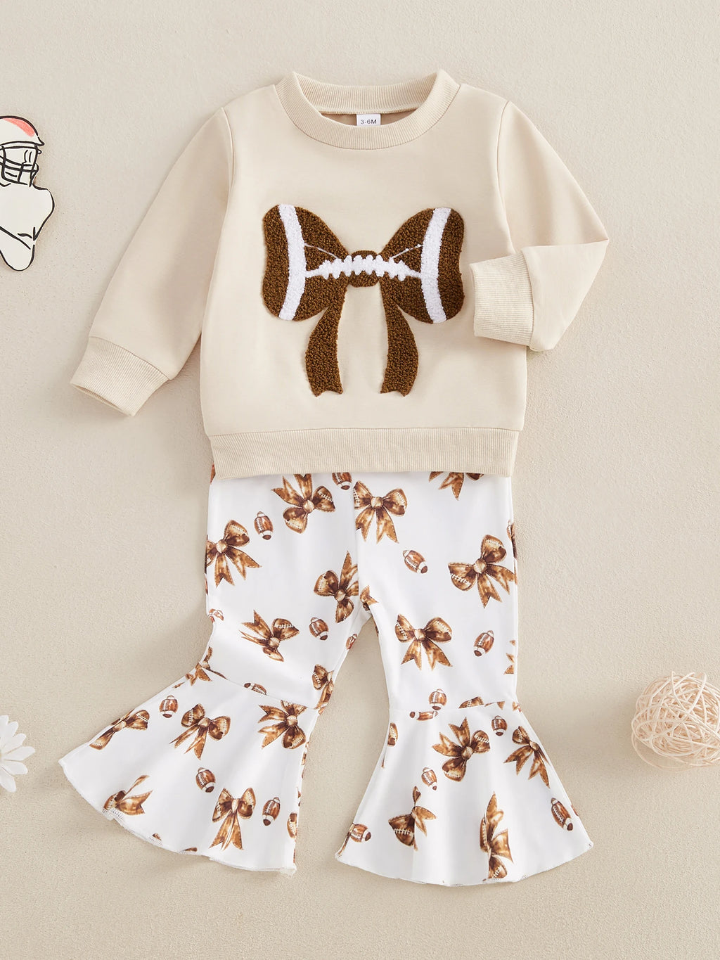 Adorable Baby Girls 2-Piece Football Theme Outfit with Long Sleeve Sweatshirt and Pants Set Cute Bow Embroidery Design