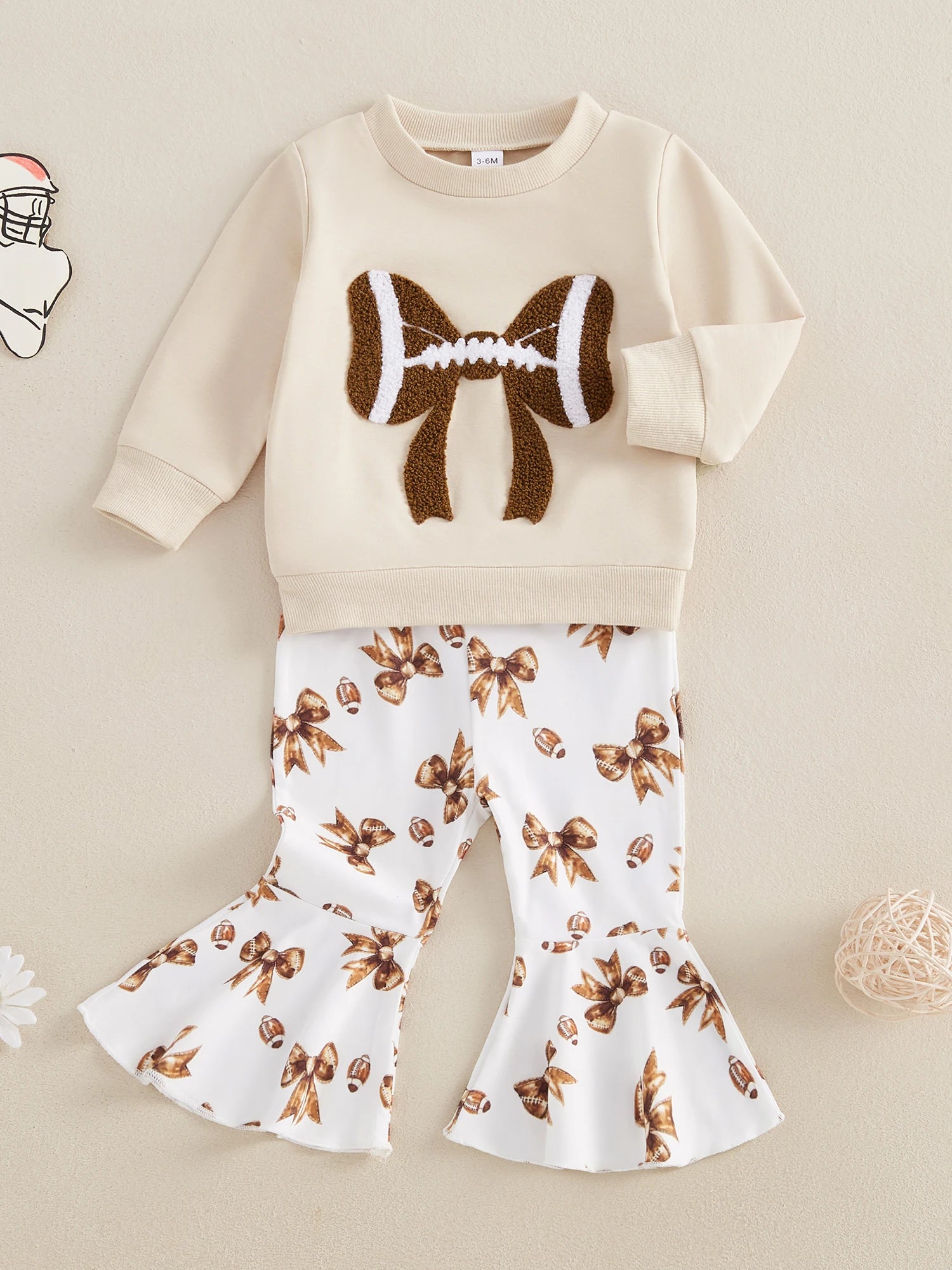 Adorable Baby Girls 2-Piece Football Theme Outfit with Long Sleeve Sweatshirt and Pants Set Cute Bow Embroidery Design