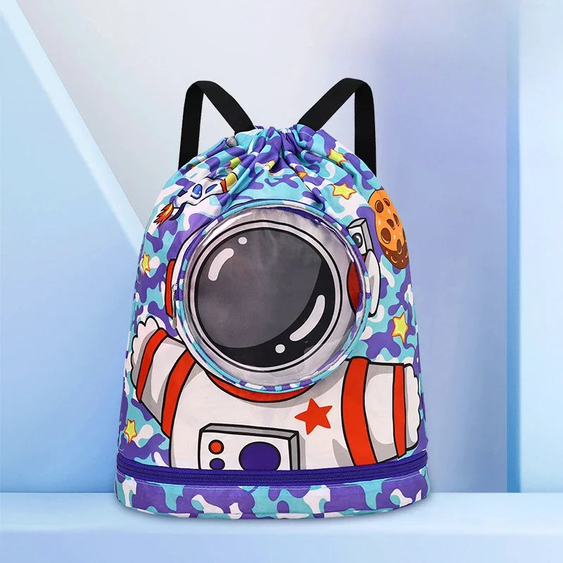 Kids Swim Beach Bag Drawstring Backpack with Shoe Compartment Cartoon Pool Bag for for Wet Swimming Sport Travel Boys Girls