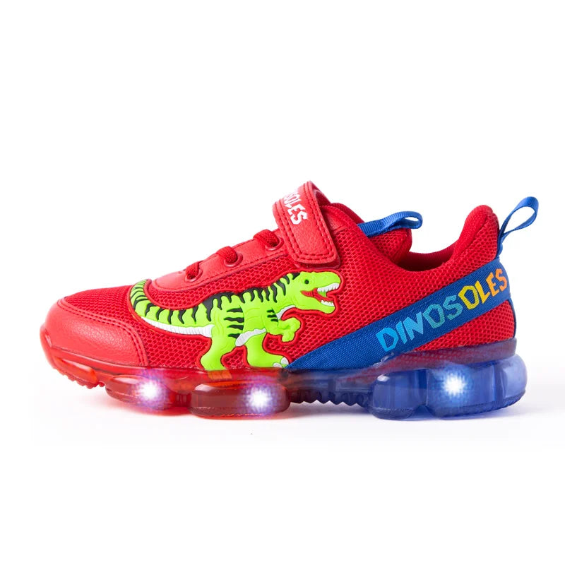 EXDINO T-REX LED 2-9Y Boys Spring Autumn Mesh Tennis Shoes Glowing Children's Kids Flashing Jelly Sole Light Up Casual Sneakers