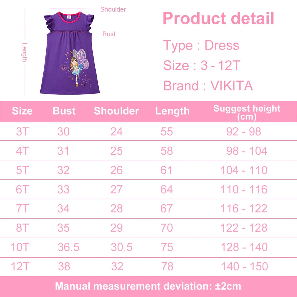 VIKITA Girls Summer Flare Sleeve Cotton Casual School Daily Frocks Purple Fairy Elf Butterfly Sequins Sparkling Straight Dress