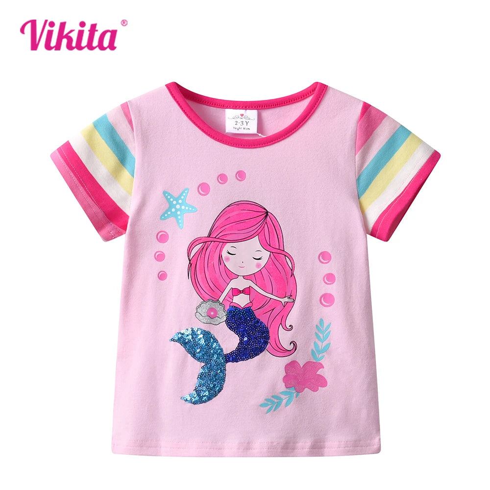 VIKITA Girls Mermaid Print Cartoon T Shirt Kids O Neck Summer Short Sleeve T Shirts Girls Pink Cotton Casual Tops and Tees Wear