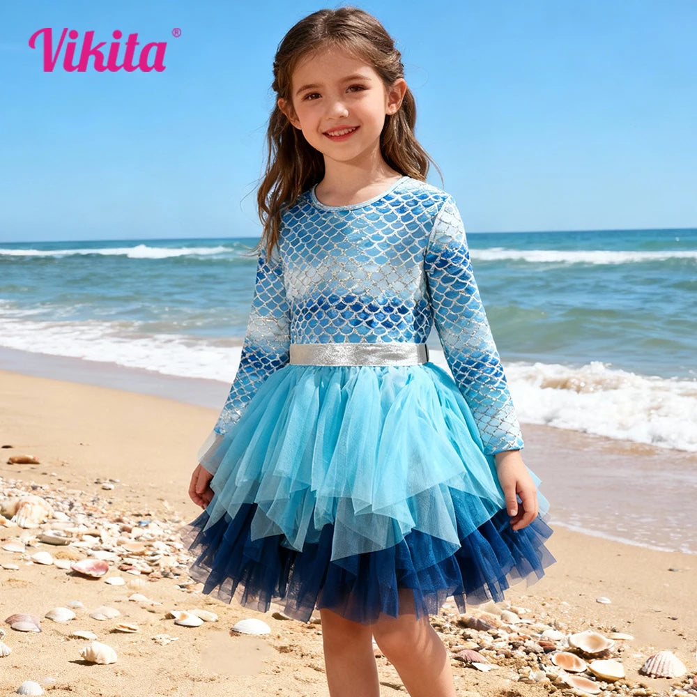VIKITA Girls Blue Mermaid Print Tutu Dresses Kids Beach Vacation Birthday Party Gradient Princess Mesh Tulle Frocks 8 Years Old