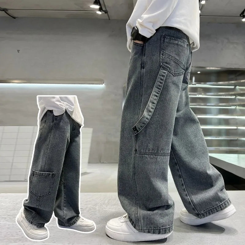 2025 Spring Boys' Wide-Leg Jeans Loose-Fit Trendy Streetwear for Kids Ages 8-14
