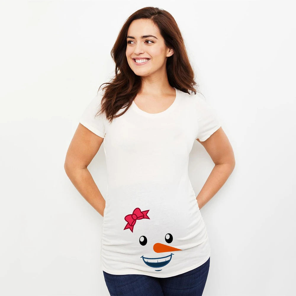 Christmas Pregnant Women T-shirt Snowman Cartoon Printed T Shirt Pregnancy Announcement Clothes Maternity White Short Sleeve Top