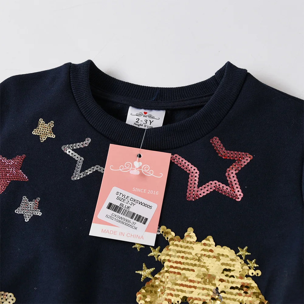 Toddlers Girls Cotton Sweatshirt with Golden Sequined Unicorn Sparkly Star Appliqued Outfits Kids Daily Street Cool Casual Wear